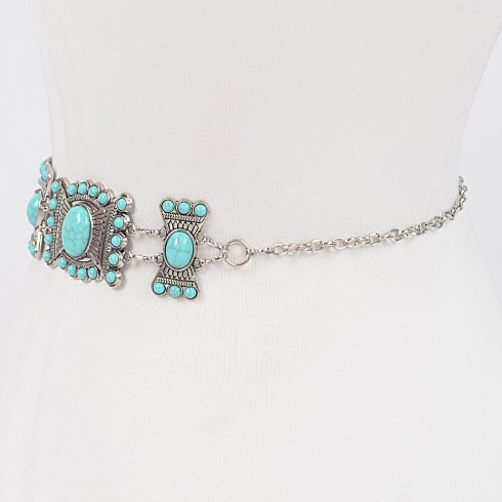 BNWT Turquoise Western Inspired Chain Belt Stone Chain Belt - Picture 4 of 5